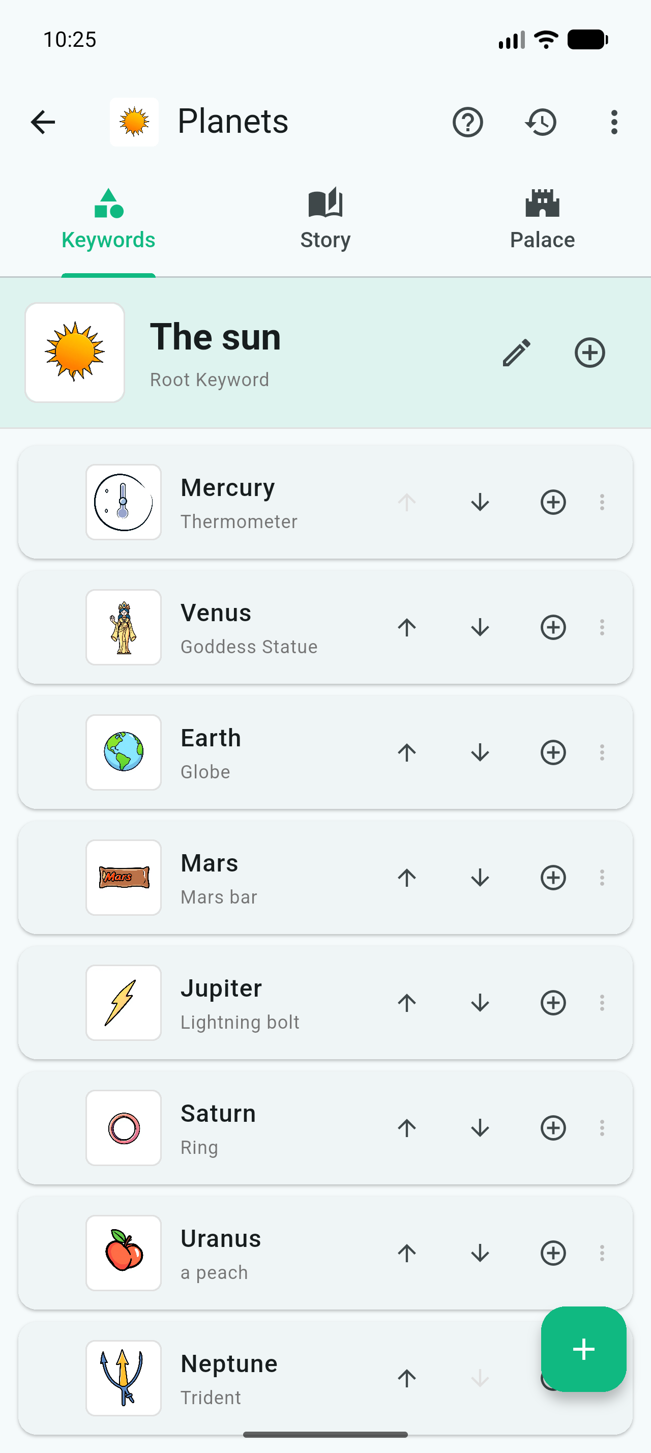 Nemma app screenshot showing the Planets project with keywords